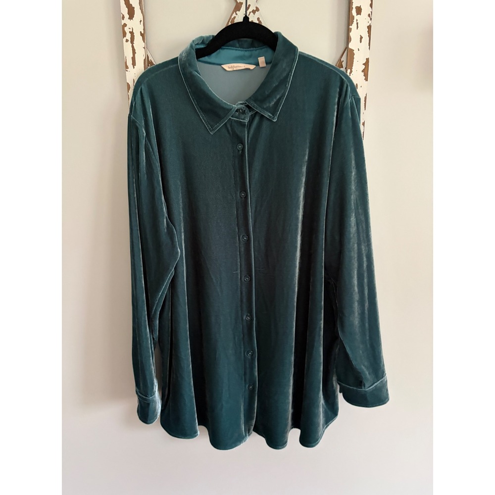Soft Surroundings Women's Teal Green Velvet Boyfriend Tunic Shirt 1X Whimsical